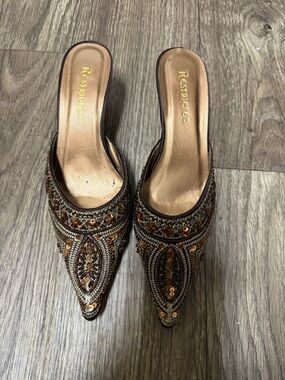 Restricted Brown Beaded Pointed-Toe Embellished Mules
